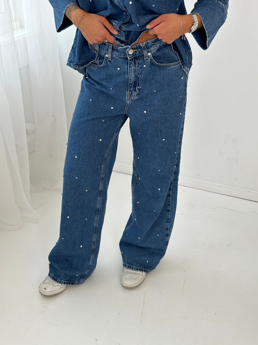 ONLHOPE EX HW Wide Rhinestone Jeans - Blå