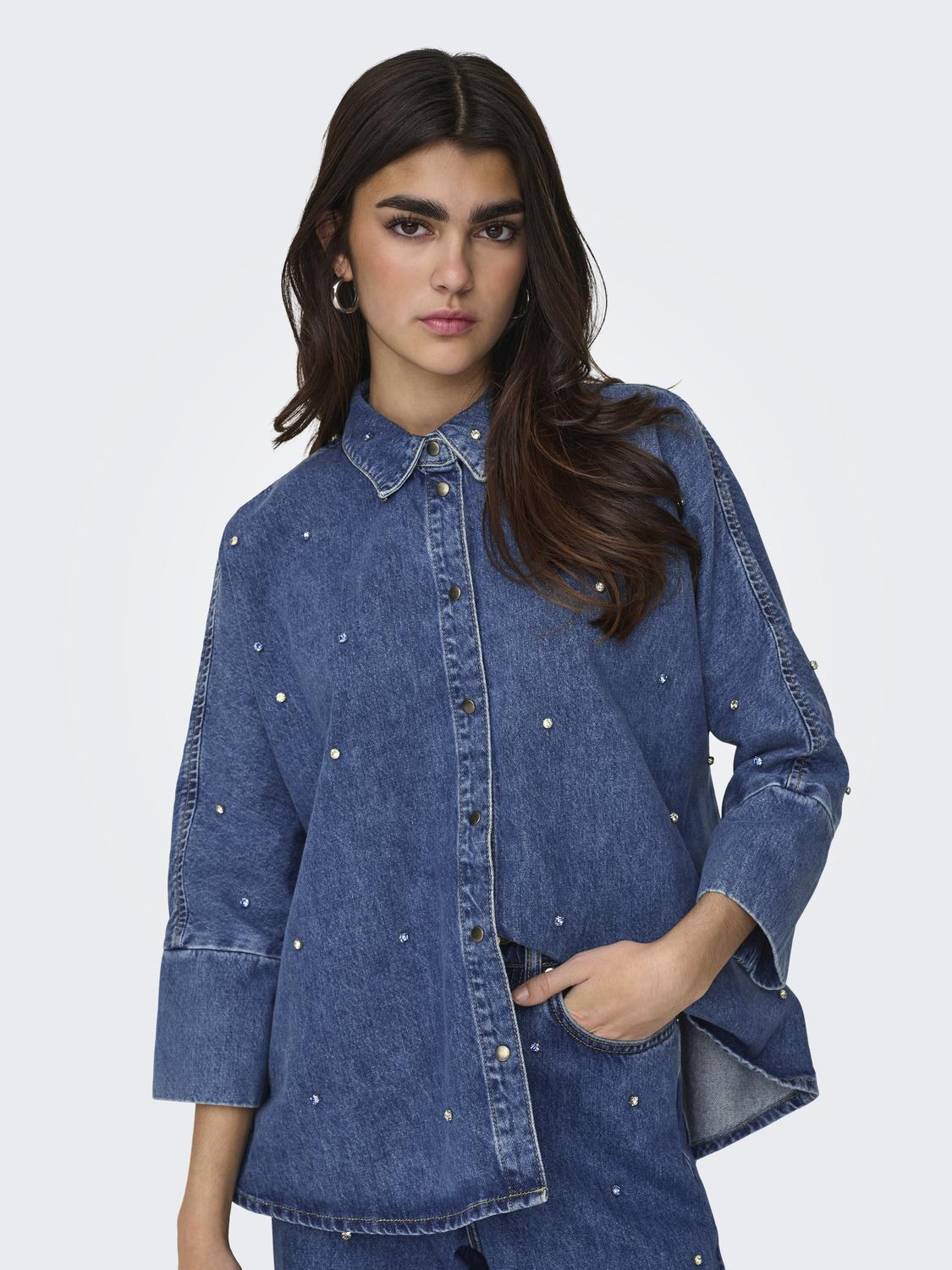 ONLGRACE L/S Rhinestone Denim Shirt -  Blå