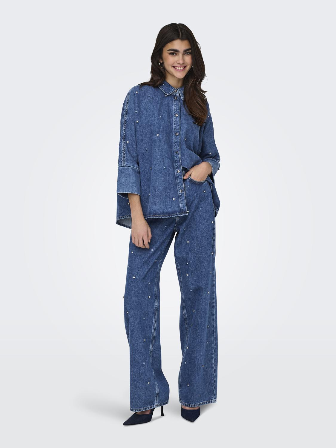 ONLHOPE EX HW Wide Rhinestone Jeans - Blå